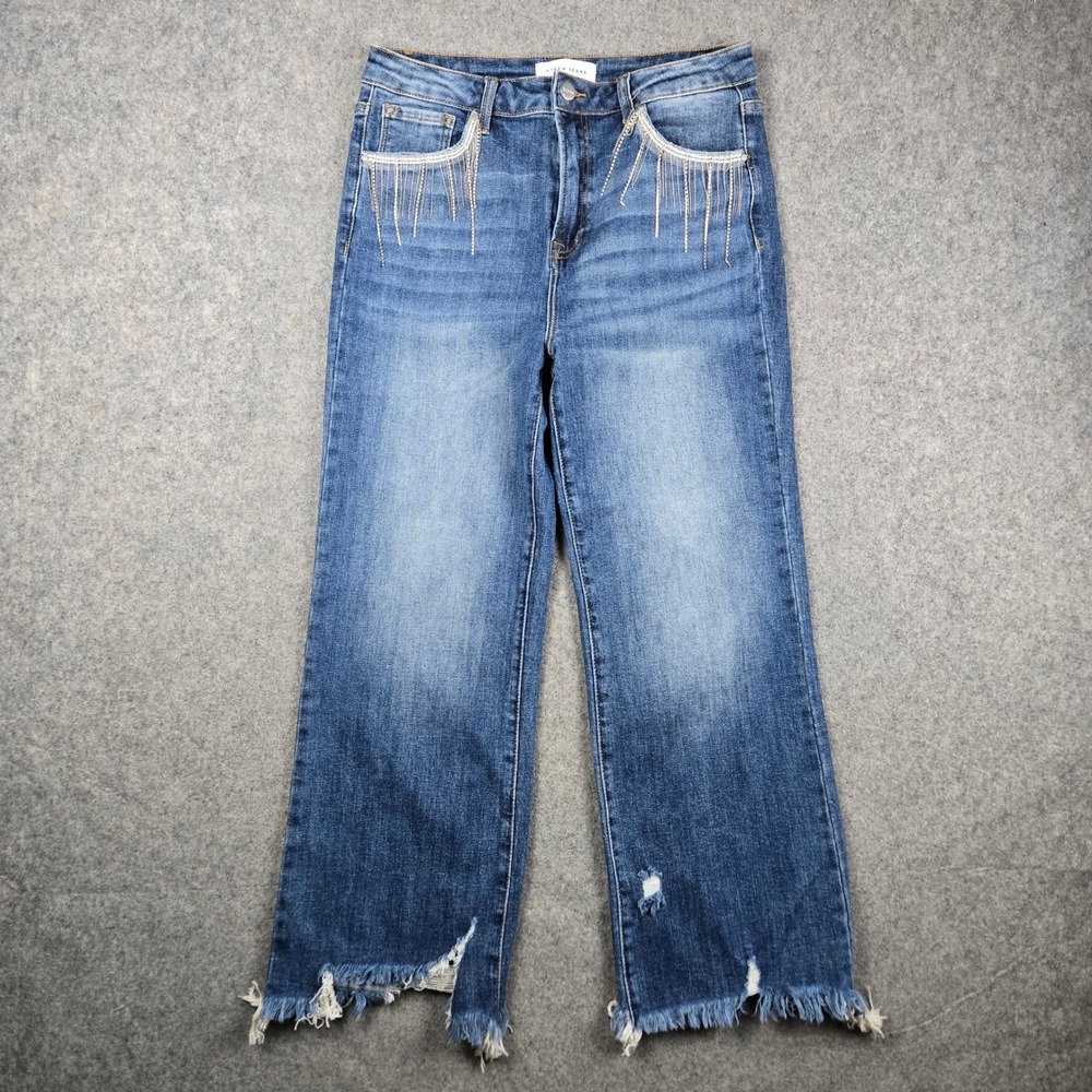 Risen Jeans Wide Leg Pants Womens 13/31 Blue Rhinestone Fringe Distressed Frayed
